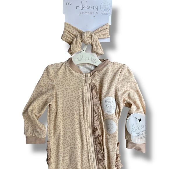 Neutral Beige Leopard Baby Ruffle Zipper Onesie + Bow Headband Size 3-6M - Picture 1 of 8